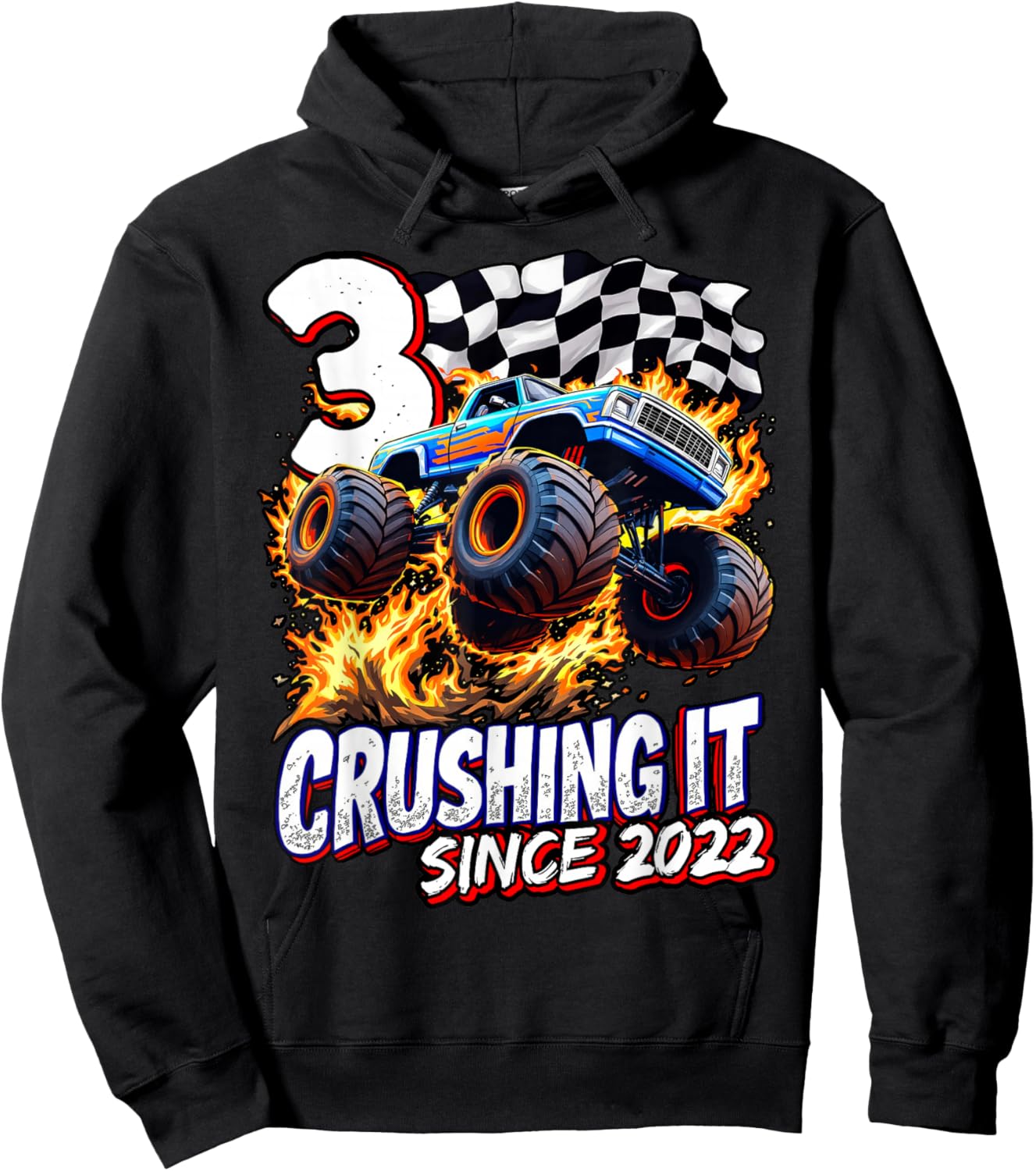 Birthday Monster Truck 3 year Old Boys 3rd Party Born 2022 Hoodie - Hoodie | Black