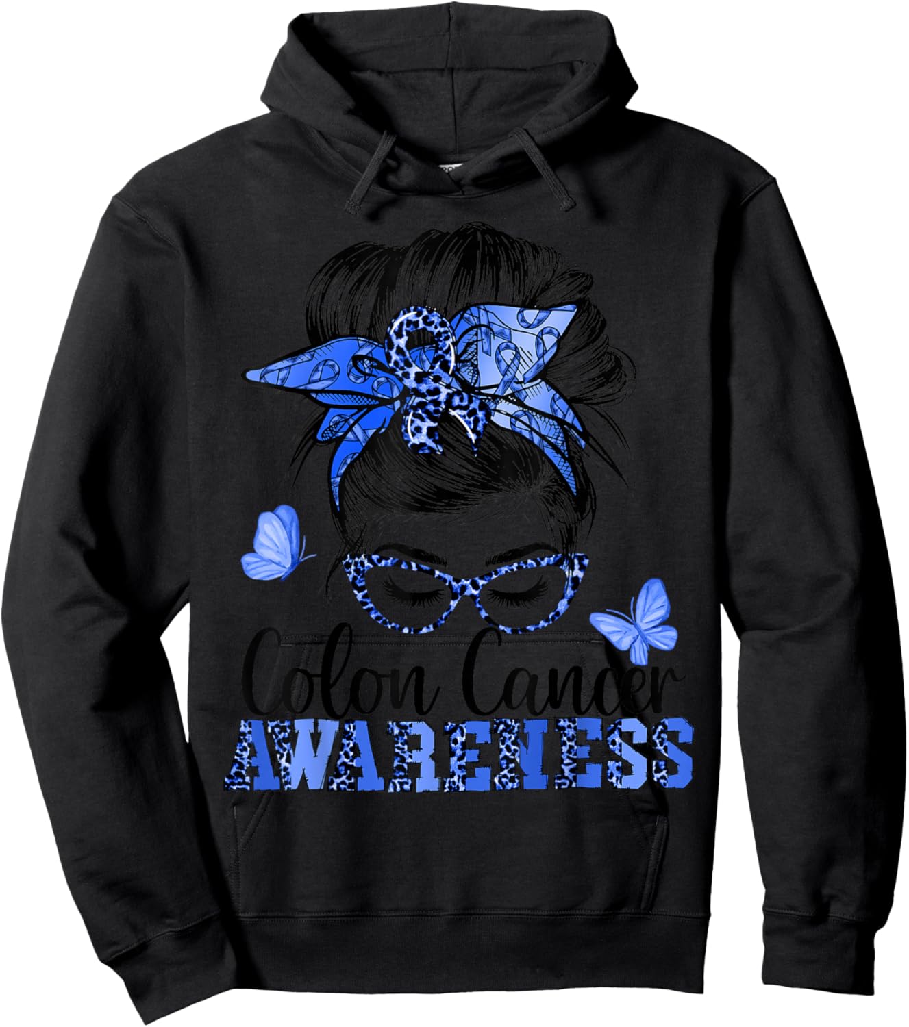 Messy Bun Hair Blue Ribbon Butterfly Colon Cancer Awareness Hoodie - Hoodie | Black