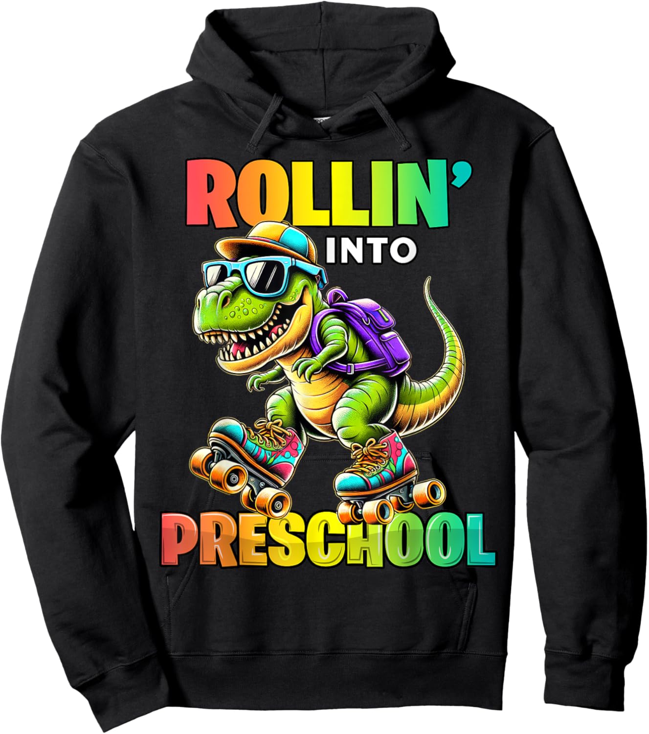 Preschool Back To School First Day Boys Rollin into T Rex Hoodie - Hoodie | Black