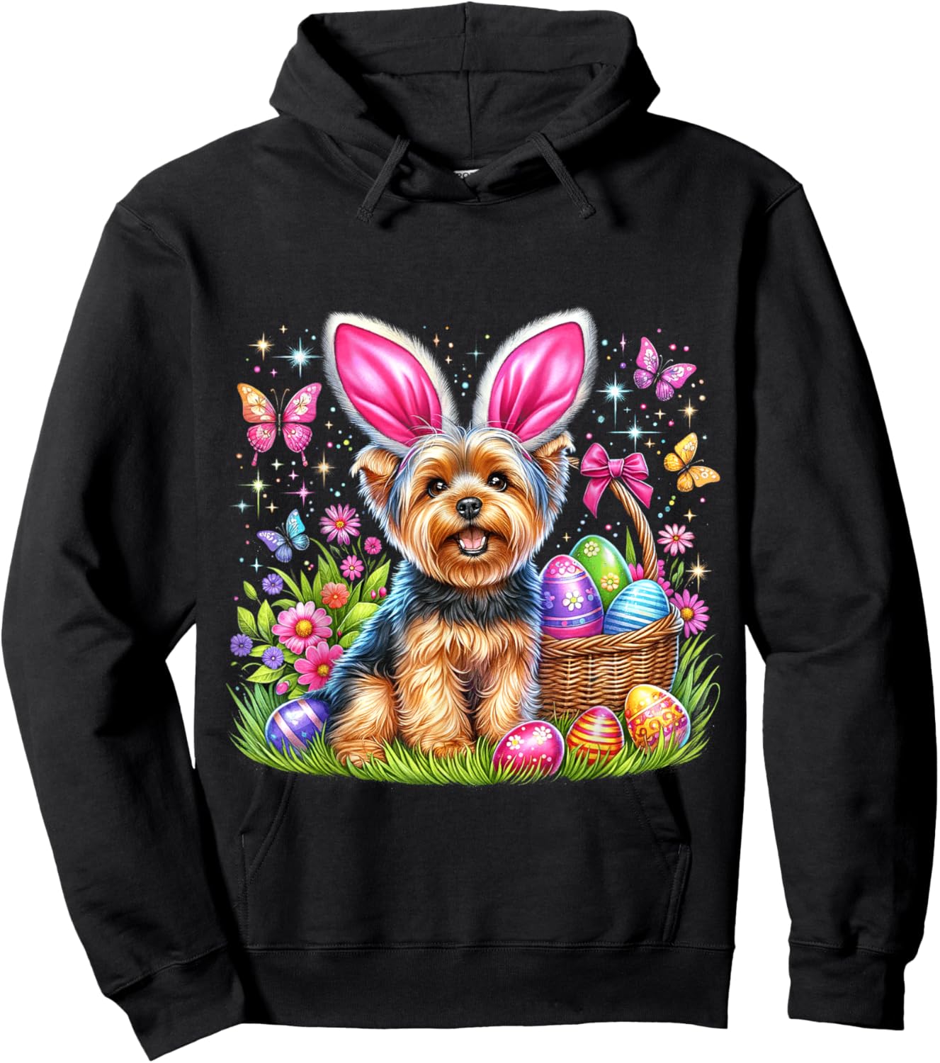 Cute Bunny Yorkshire Terrier Dog Easter Eggs Basket Men Women Kids Hoodie - Hoodie | Black
