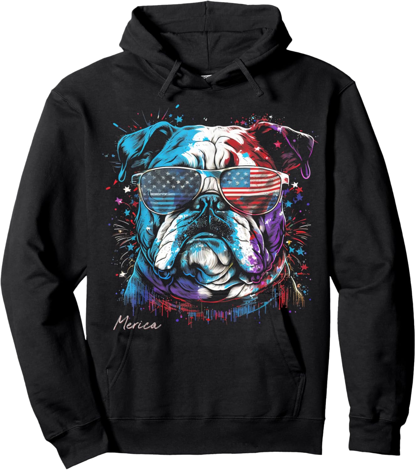 English Bulldog Dog 4th of July American Flag USA Funny Women Kids Men Hoodie - Hoodie | Black