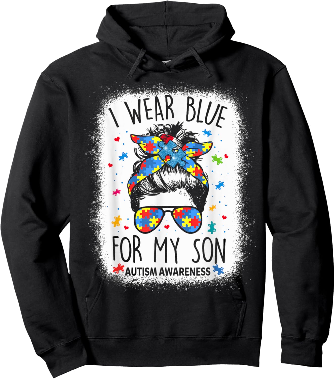 Autism Awareness shirt Mom Messy Bun I Wear Blue For My Son Hoodie - Hoodie | Black
