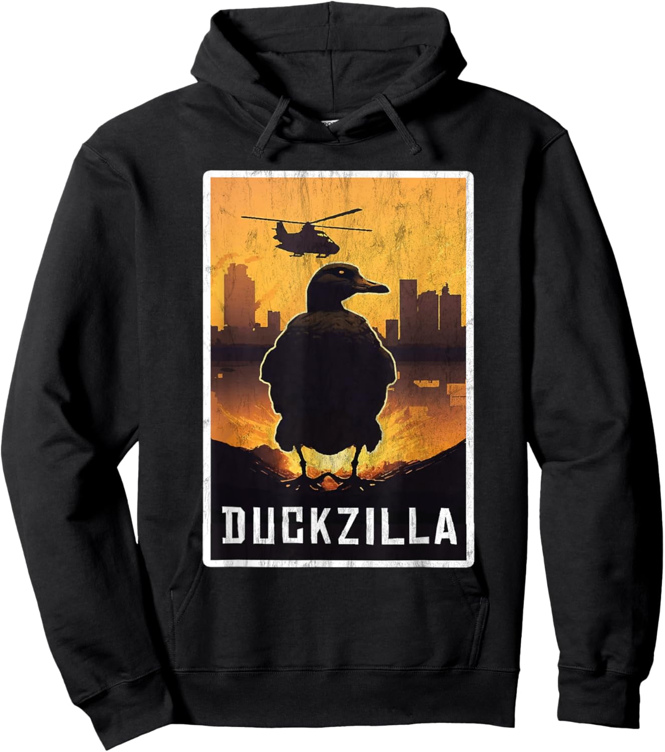 Duckzilla Retro Poster Outfit Funny Duck Apparel Farmer Hoodie - Hoodie | Black