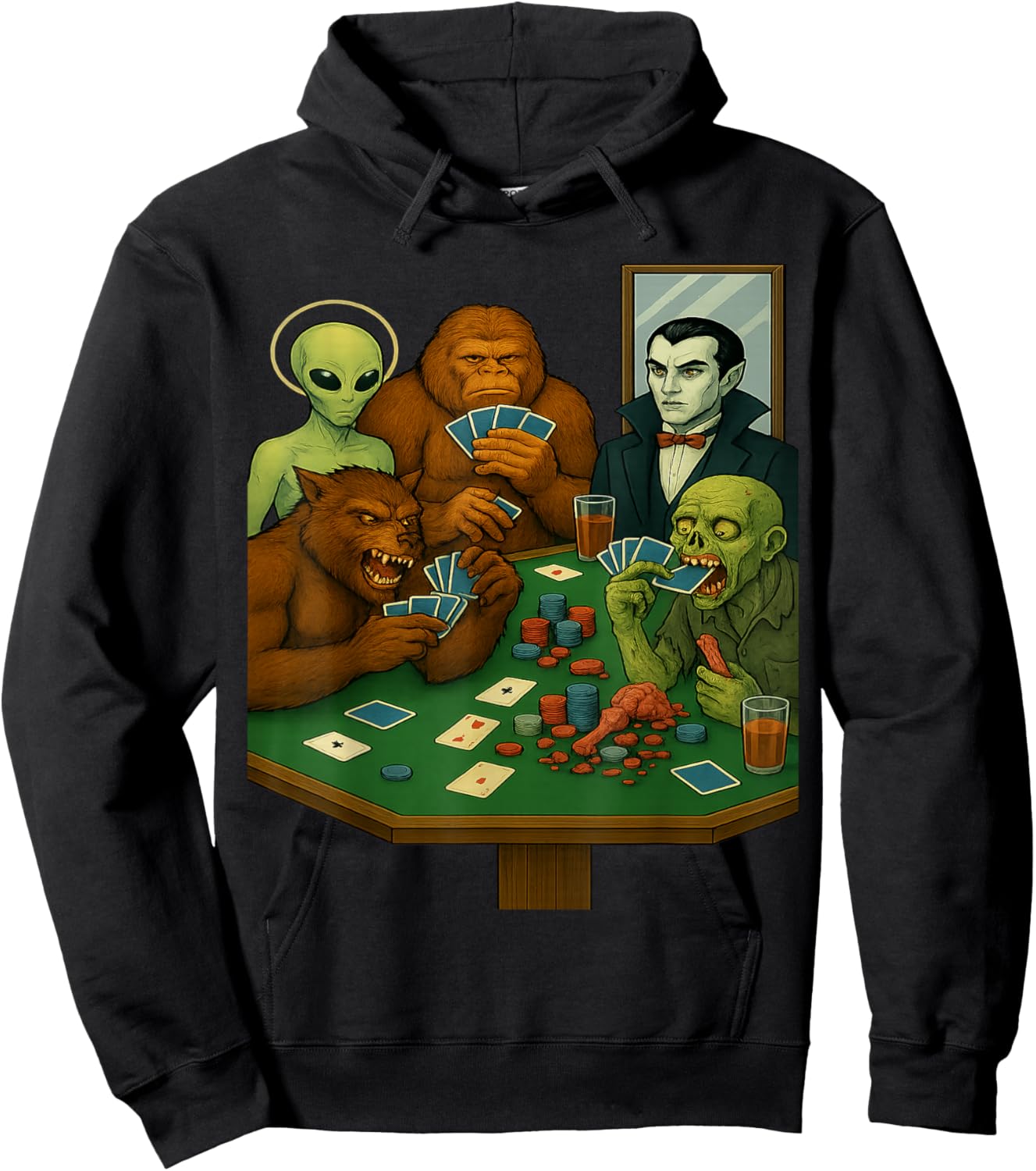 Sasquatch Alien Monsters Playing Cards Poker Funny Hoodie - Hoodie | Black