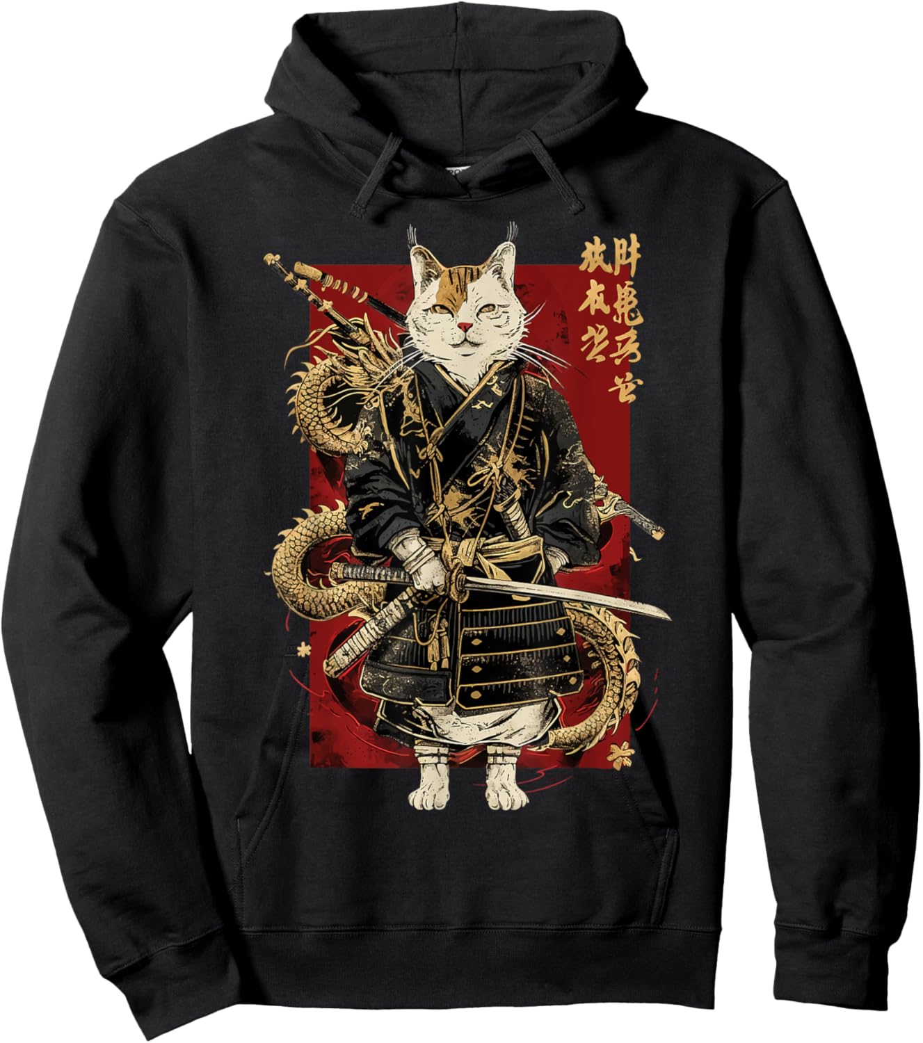 Samurai Cat with Dragon Japanese Kanji, Japan art lover Women Girls Kids Hoodie - Hoodie | Black