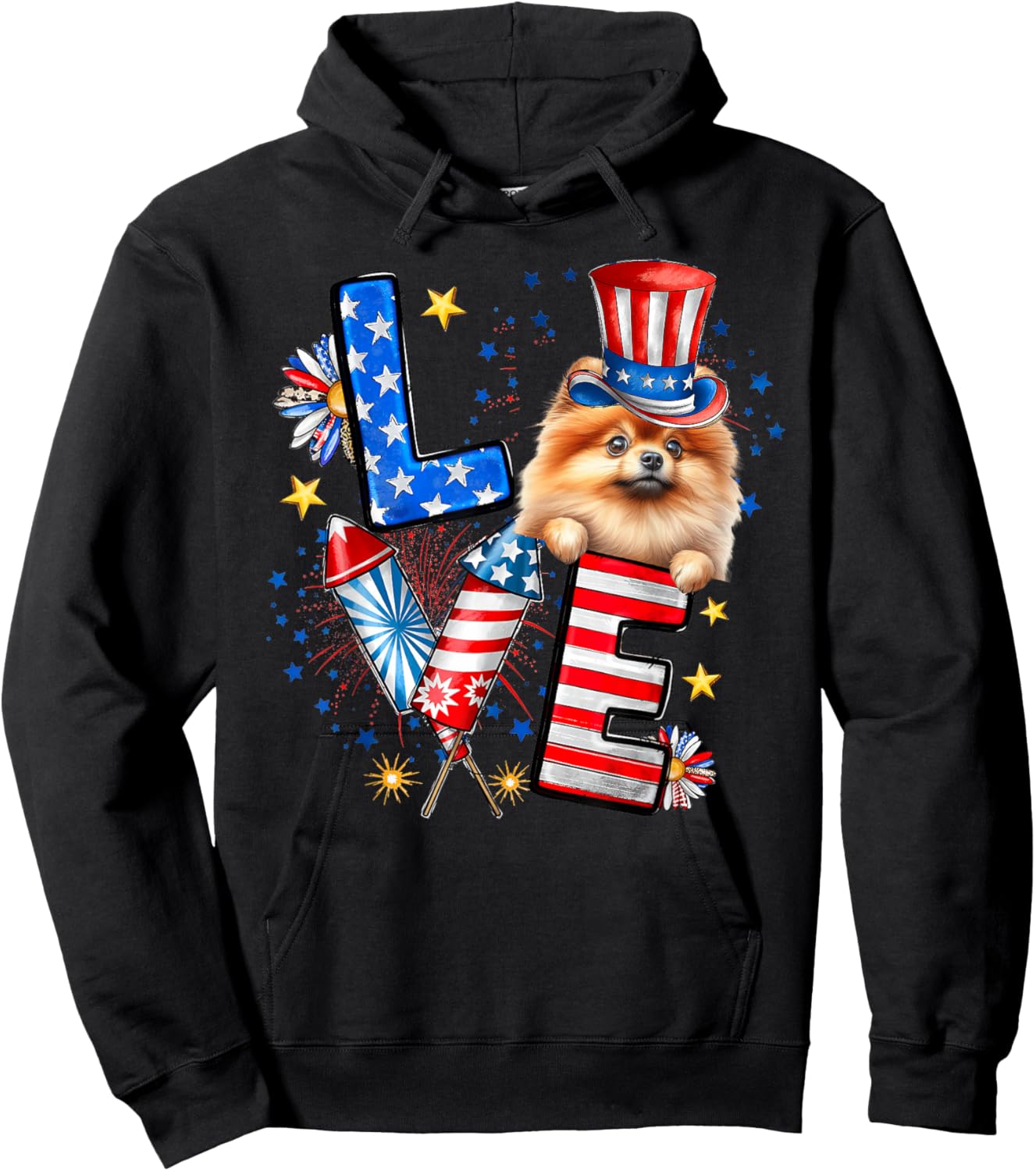 LOVE Pomeranian Dog American Flag 4th Of July Hoodie - Hoodie | Black