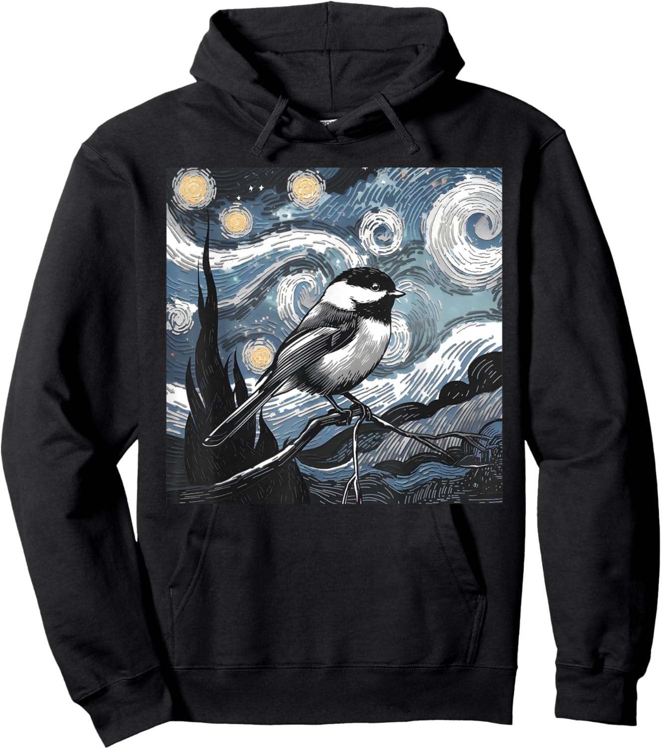 Black Capped Chickadee Bird Lover Starry Night Art Van Gogh Hoodie - Hoodie | Black