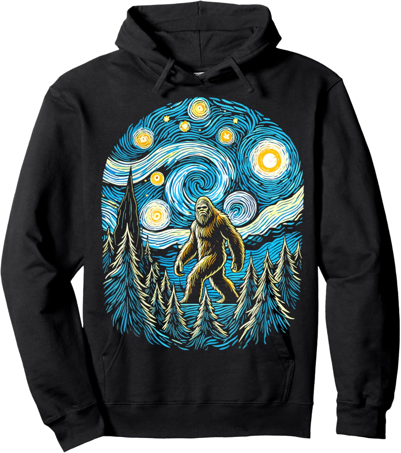 Bigfoot Starry Night Forest Van Gogh Sasquatch Painting Art Hoodie - Hoodie | Black