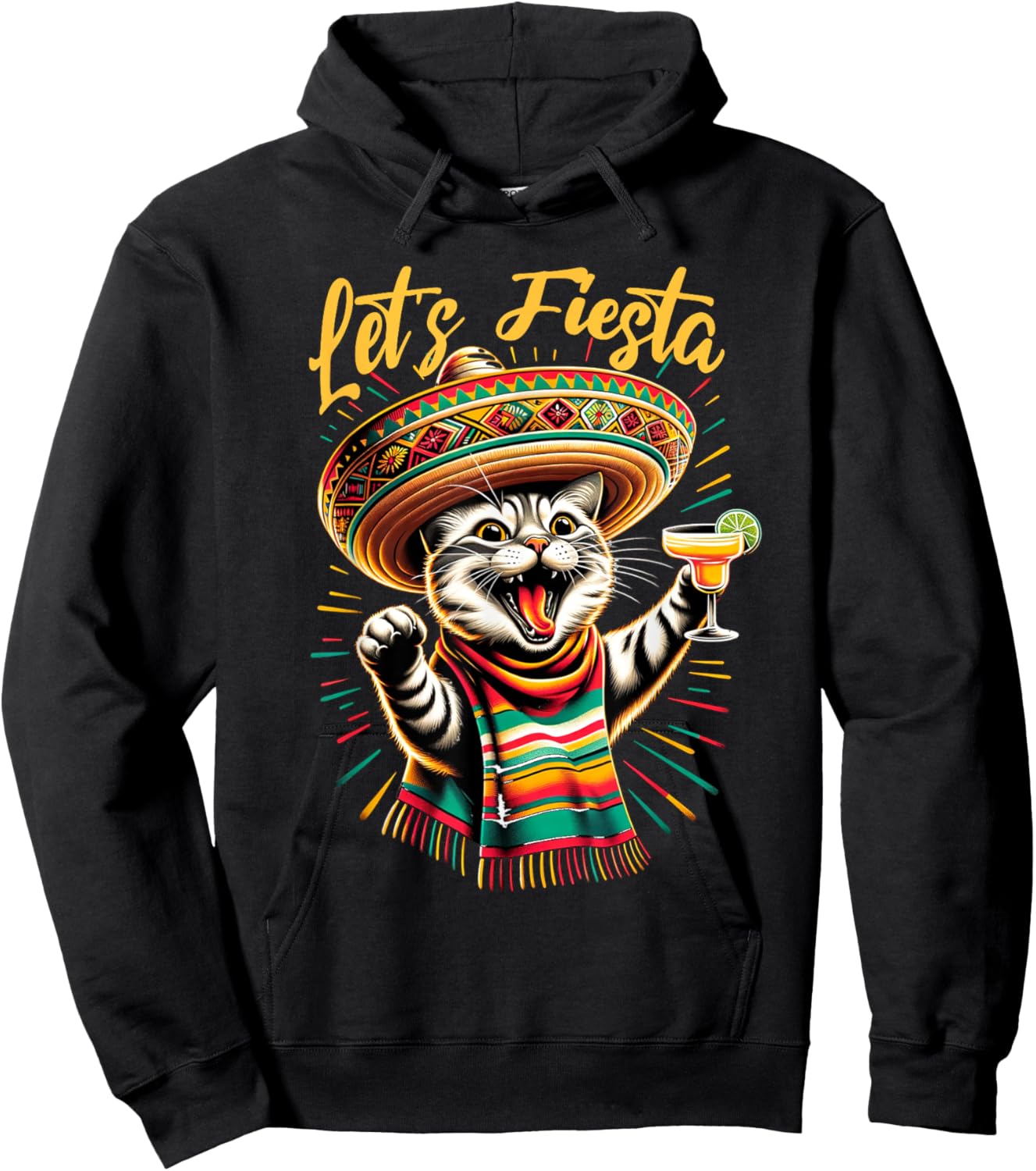Mexican Let's Fiesta Sombrero Cat Cinco De Mayo Funny Cat Men Women Hoodie - Hoodie | Black