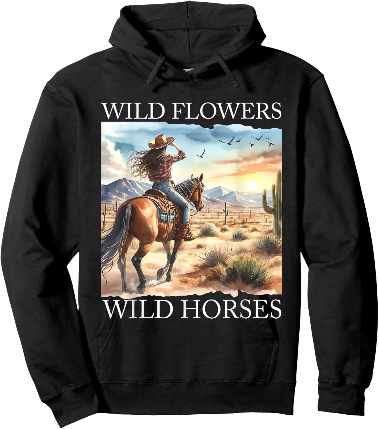Sunset Cowgirl Riding Horse Wild Flowers - Wild Horses Hoodie - Hoodie | Black