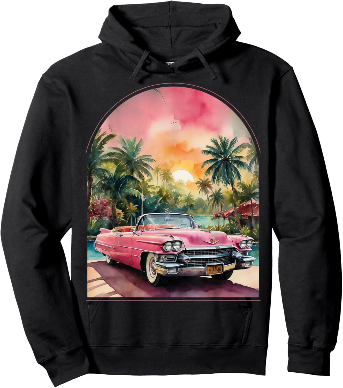 Old School Cadillac Pink | Watercolor | Palm Trees | Exotic Hoodie - Hoodie | Black