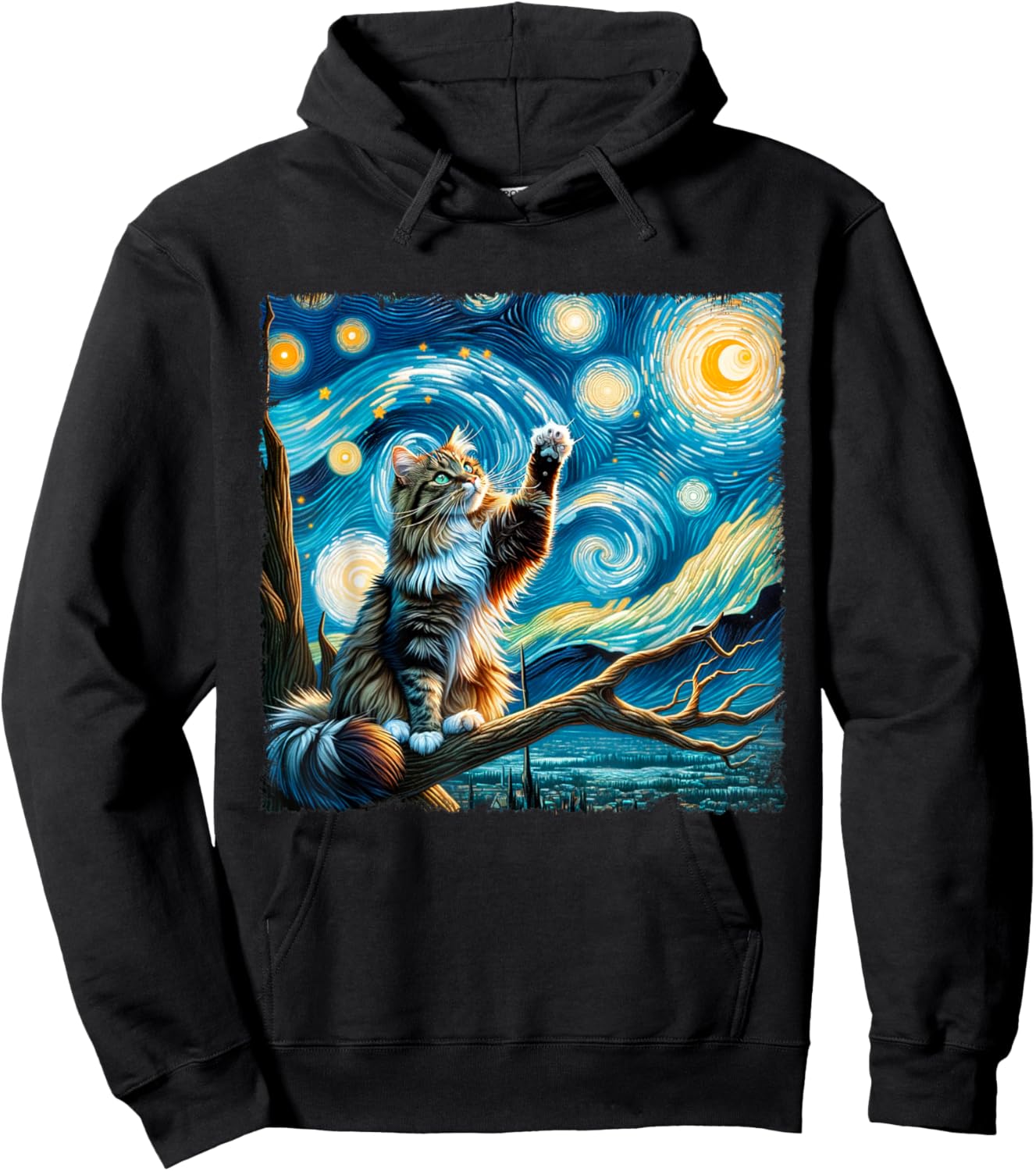Vintage Cute Animals Cat Starry Night Kawai Norwegian Forest Men Women Kids Hoodie - Hoodie | Black