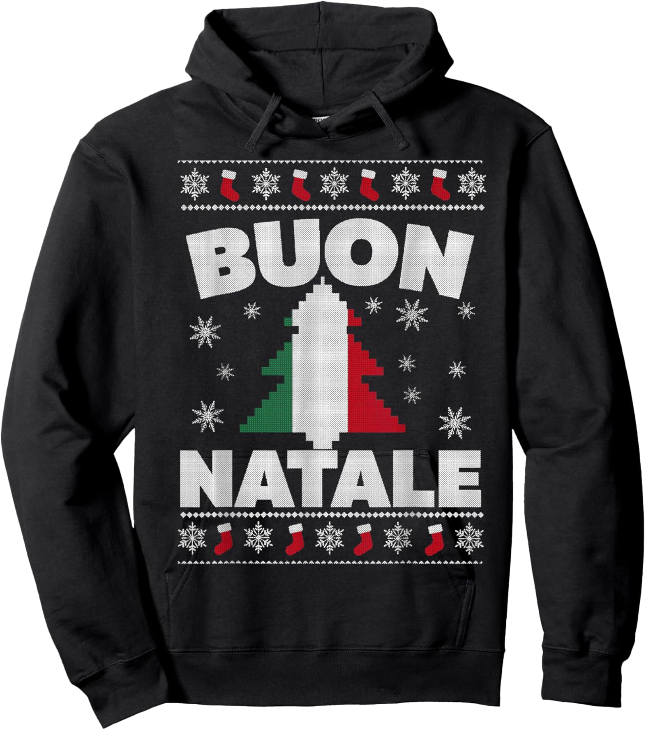 Buon Natale Merry Christmas Tree Italian Ugly Xmas Sweater Hoodie - Hoodie | Black