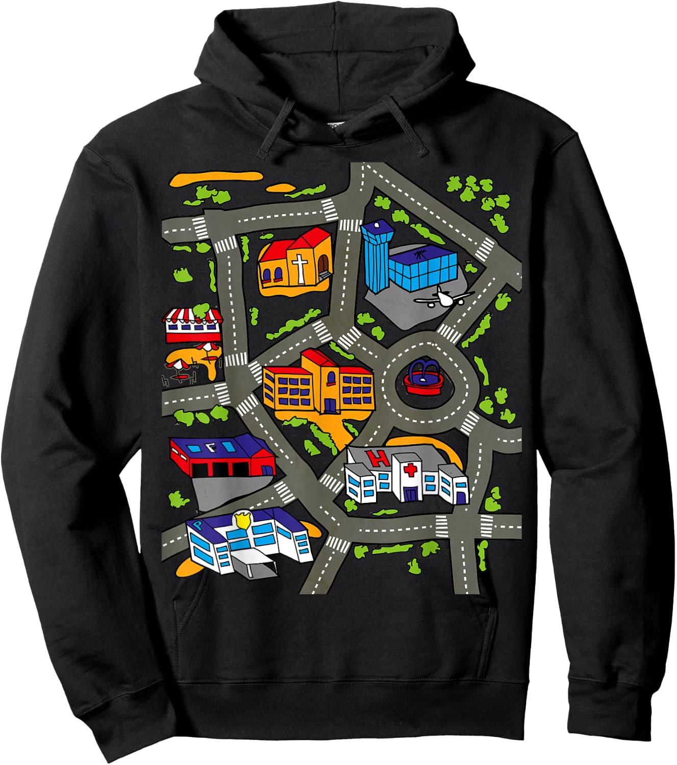 Car Play Mat Race Track Road Map Rug Design Illustration Hoodie - Hoodie | Black