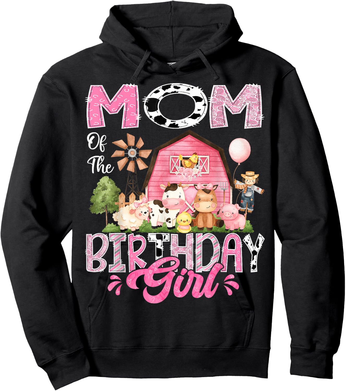 Mom Of The Birthday Girl Pink Farm Cow First Birthday Hoodie - Hoodie | Black