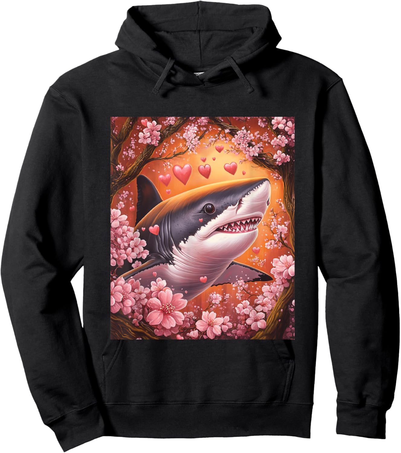 Shark Japanese Cherry Blossom Graphic for Valentines Day Hoodie - Hoodie | Black