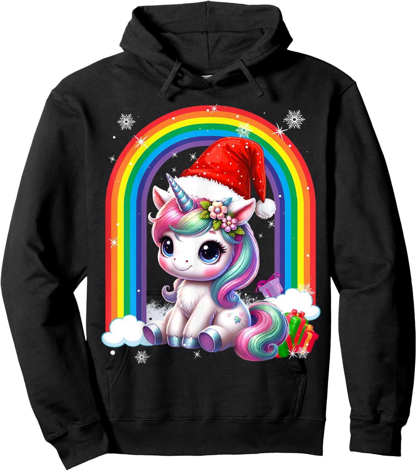 Unicorn Girls Christmas 2025 Women Kids Santa Unicorn Xmas Hoodie - Hoodie | Black