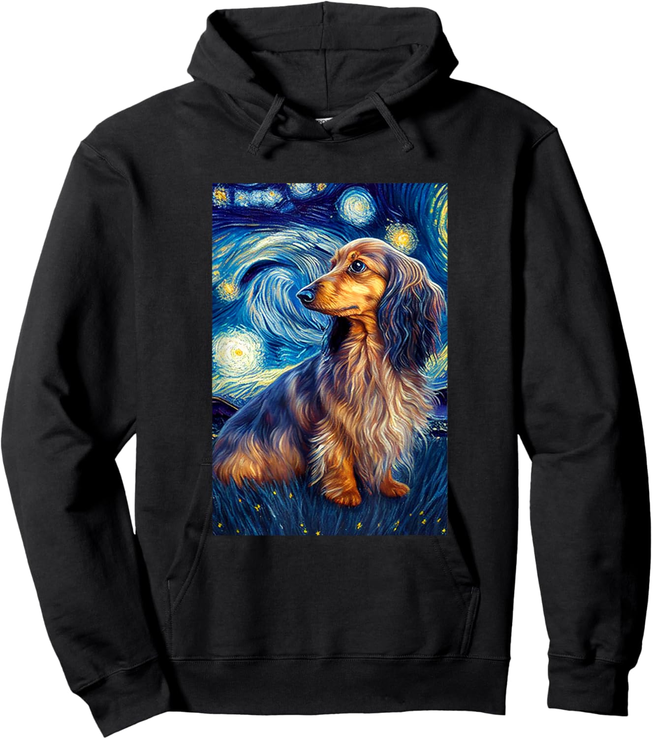 long hair Dachshund in Starry Night Painting Dog Mom Dad Hoodie - Hoodie | Black