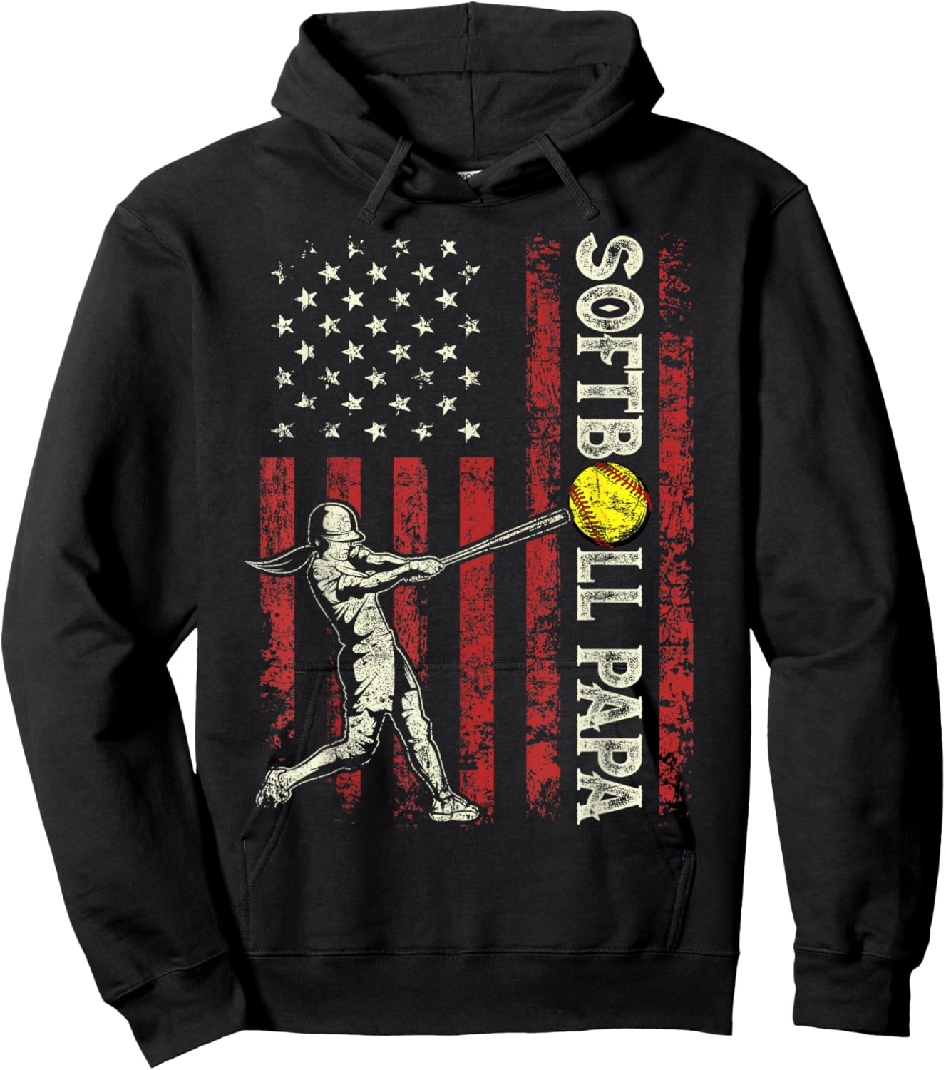 Softball Papa US Flag Gifts Dad Men Patriotic Father's Day Hoodie - Hoodie | Black