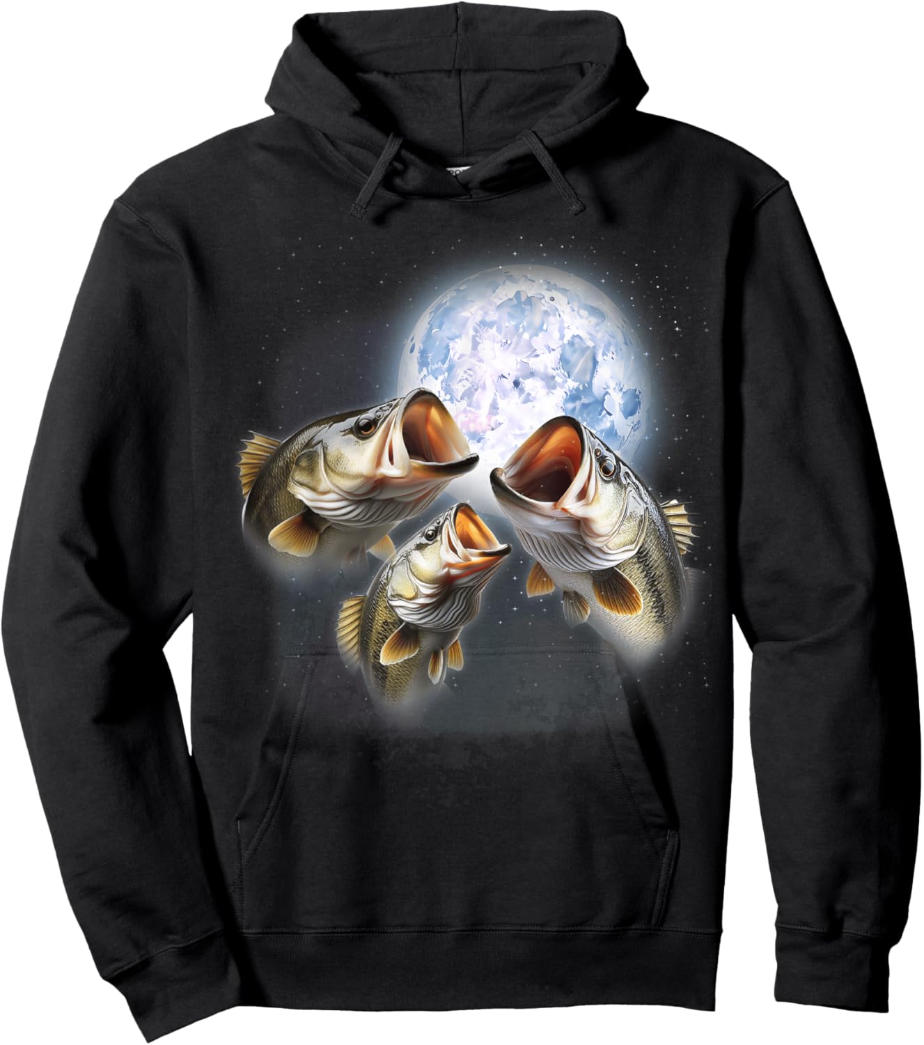 3 Bass Fish At The Moon Funny Bass Fishing Lover Fisherman Hoodie - Hoodie | Black