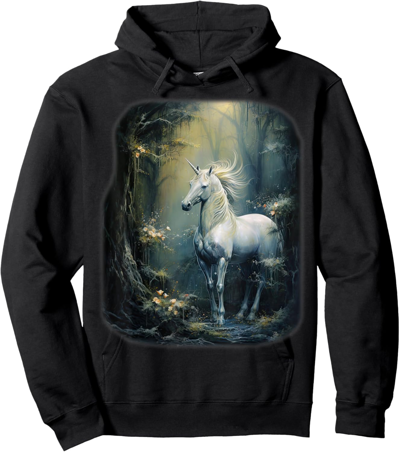 Fantasy white Unicorn standing in a Forest Hoodie - Hoodie | Black