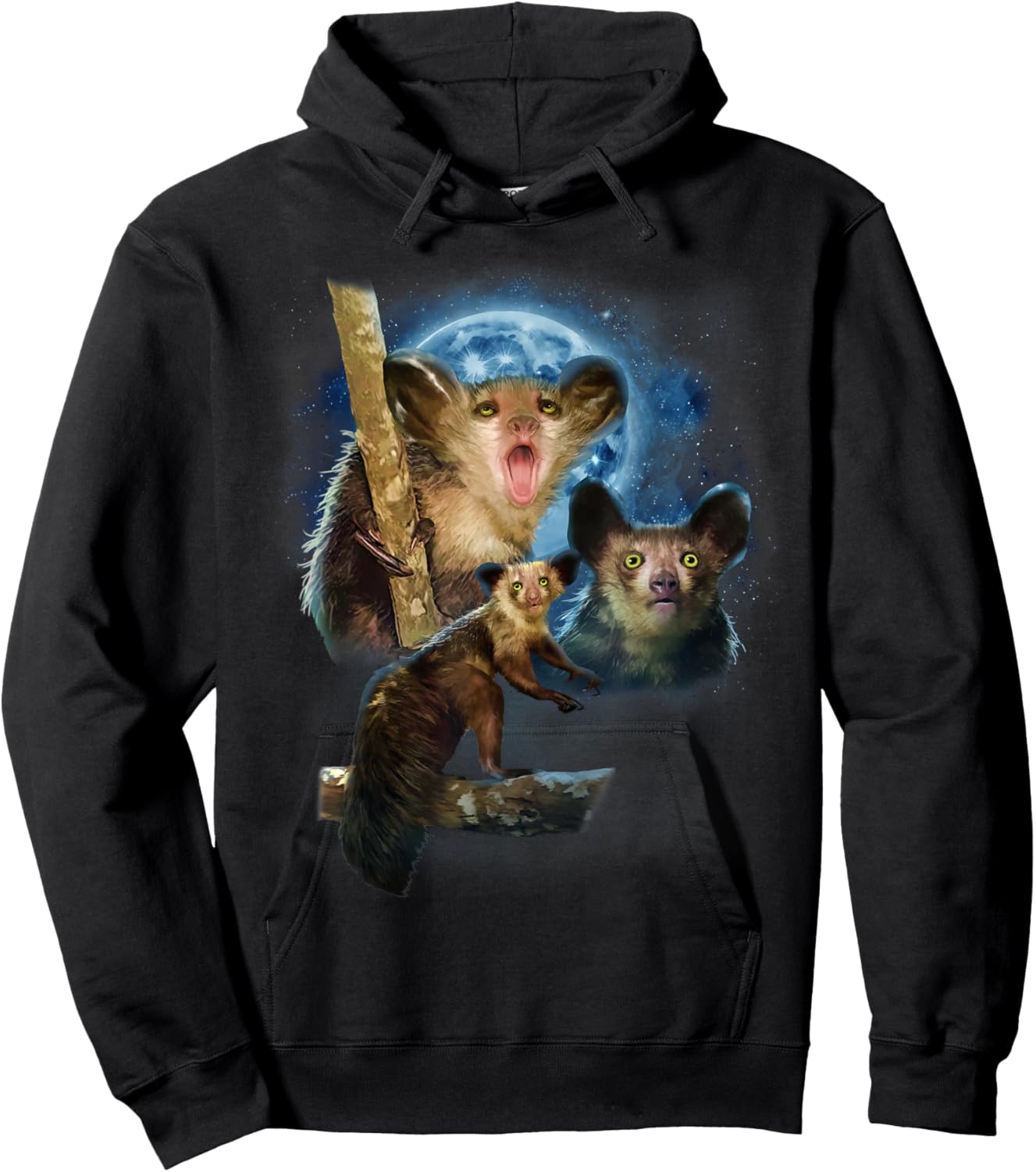 Howling at The Moon Shirt and Apparel Co. Aye-Aye Lemur - Black, -Adults, Kids - Short Sleeve, Modern, Cartoon, Animal-Themed Shirts Hoodie - Hoodie | Black