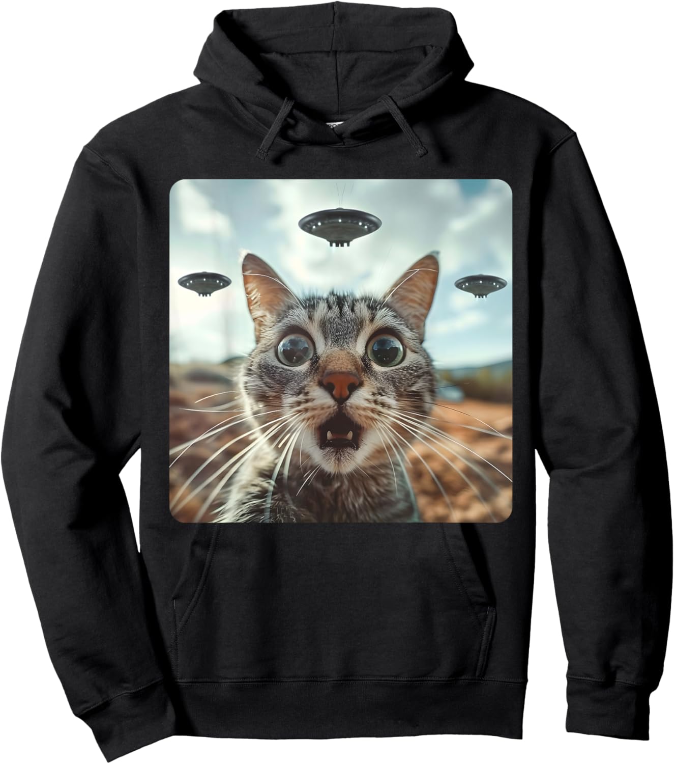 Extraterrestrial Encounter: Cat Selfie with Alien UFO Hoodie - Hoodie | Black