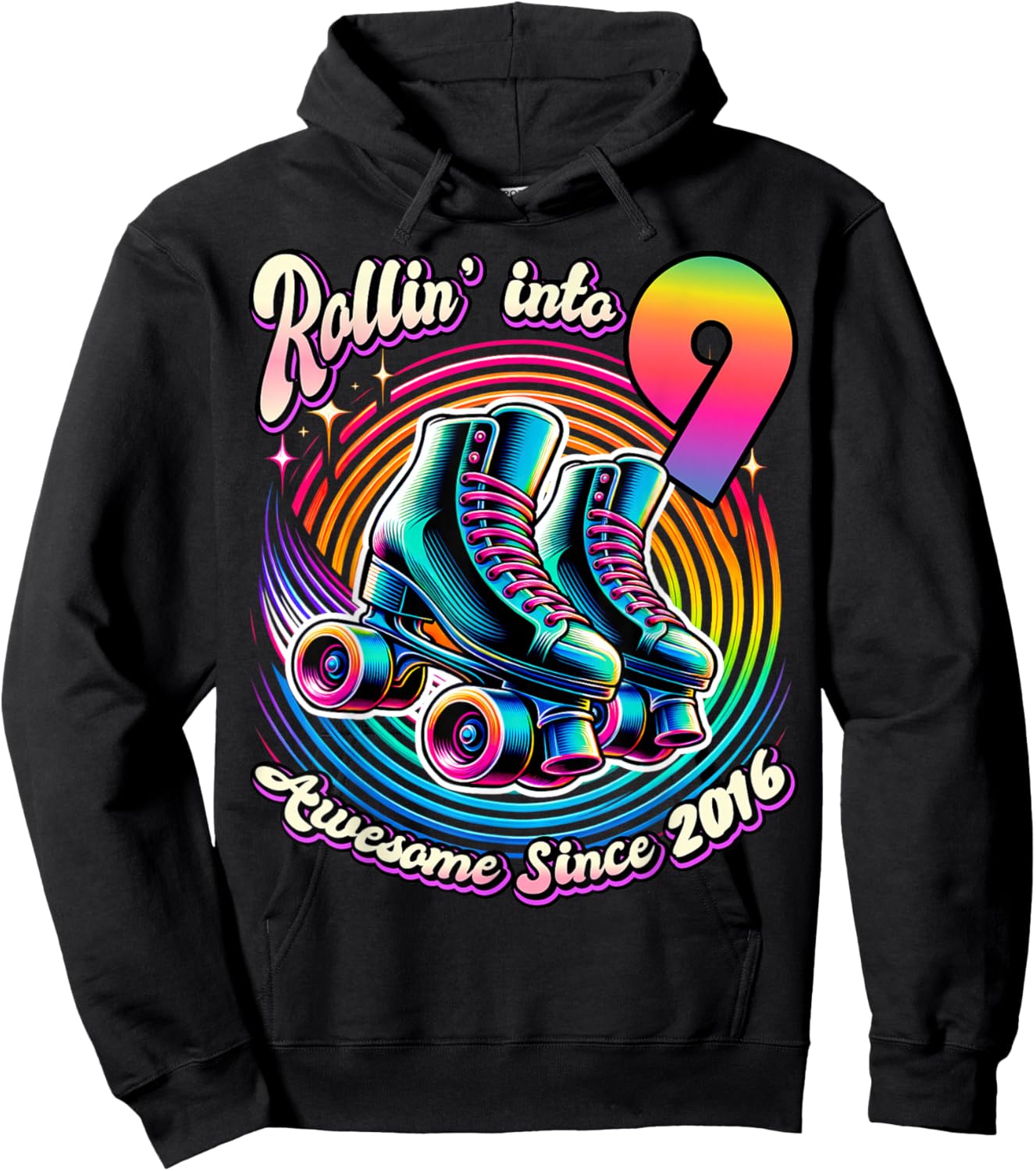 Birthday Roller Skating 9th Girls Rollin into 9 Skate Party Hoodie - Hoodie | Black