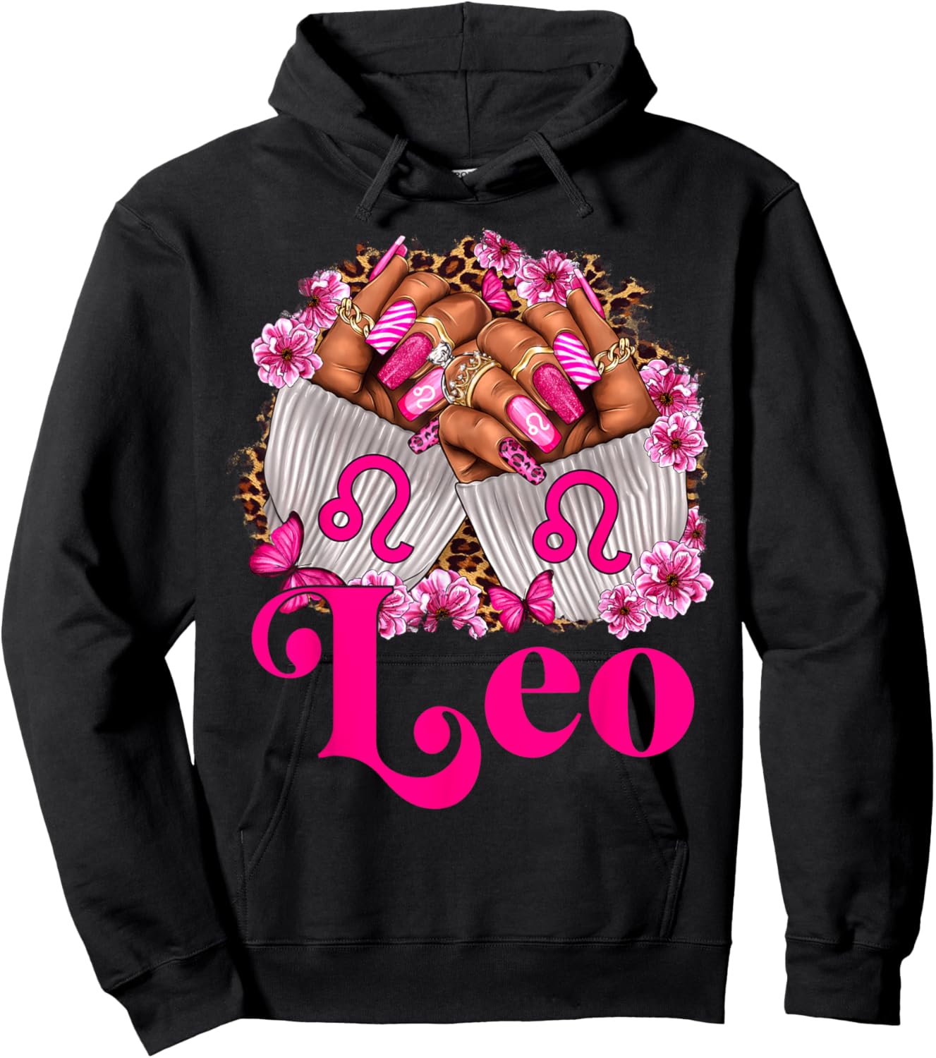 Black Women Floral Nails With Leopard Leo Queen Hoodie - Hoodie | Black
