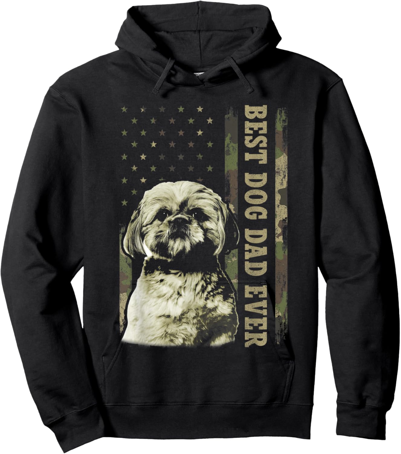 Best Shih Tzu Dad Ever Shirt, Camo American Flag Dog Dad Hoodie - Hoodie | Black