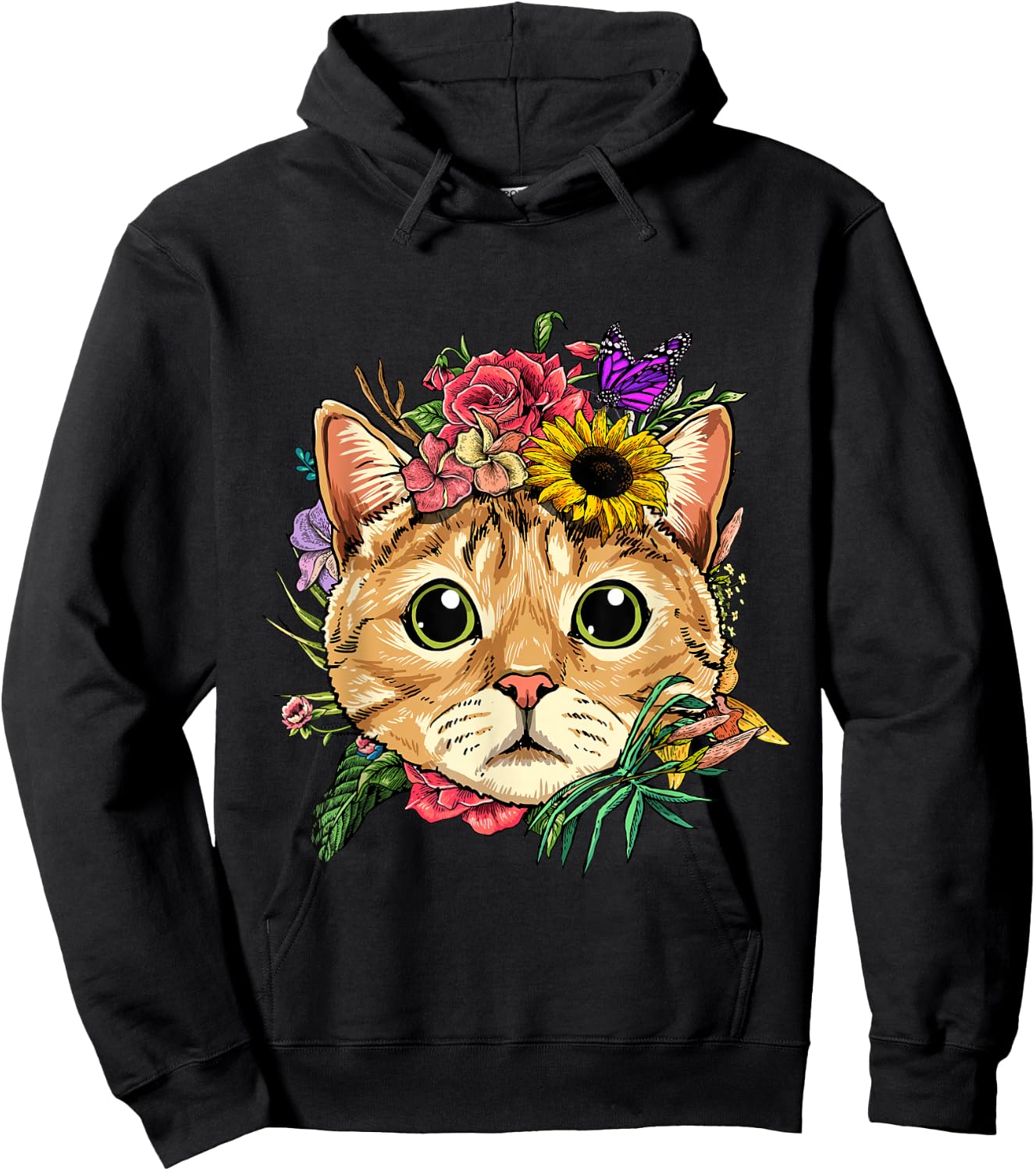 Floral Cat Spring Nature Cat Lovers Hoodie - Hoodie | Black