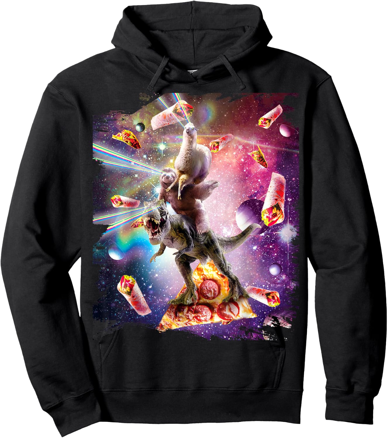 Laser Eyes Space Llama On Sloth Dinosaur - Rainbow Hoodie - Hoodie | Black