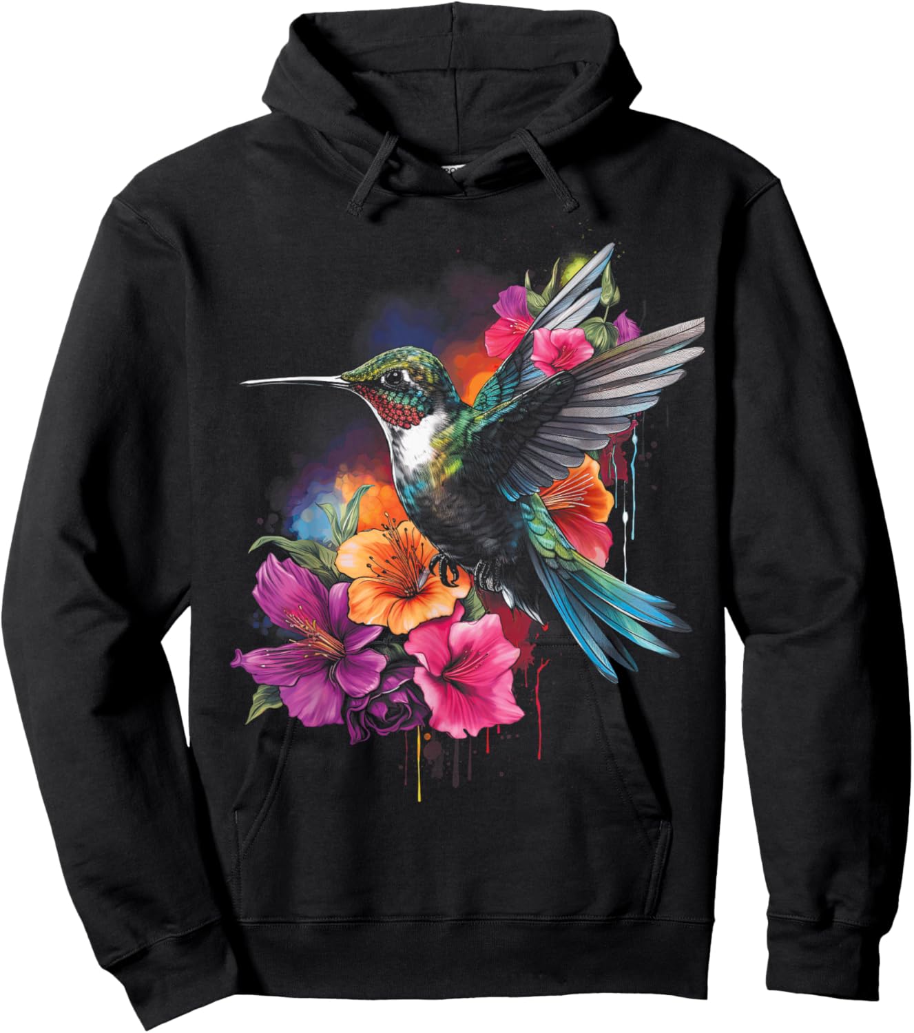 Hummingbird Floral Bird Artwork Hoodie - Hoodie | Black