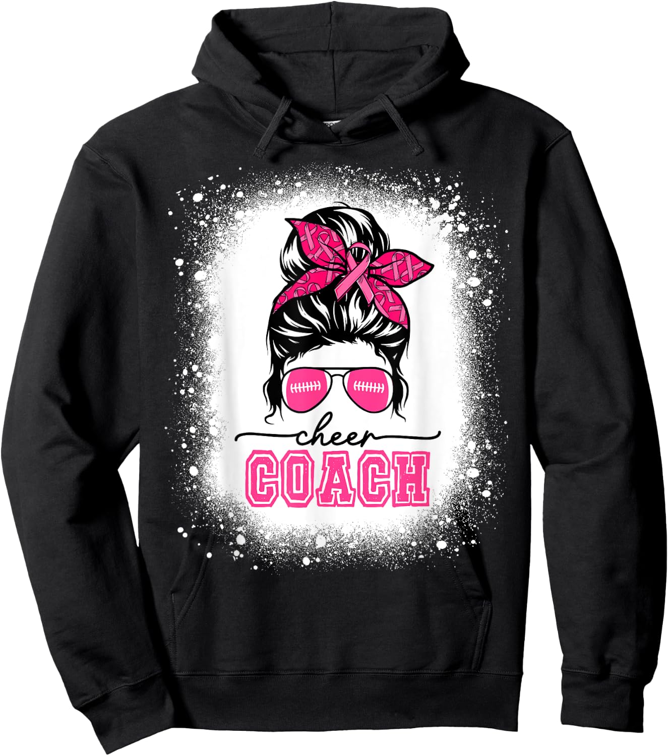 Football Messy Bun Mom Cheer Coach Breast Cancer Bleached Hoodie - Hoodie | Black