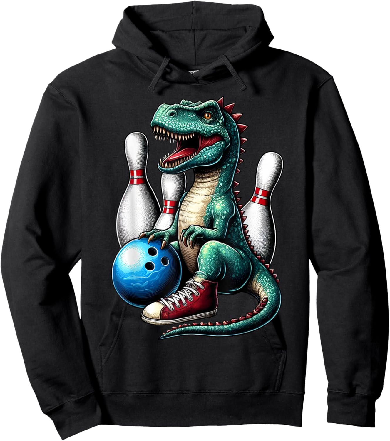 Dinosaur Bowling Ball Graphic Funny Dino Bowler Kids Adults Hoodie - Hoodie | Black