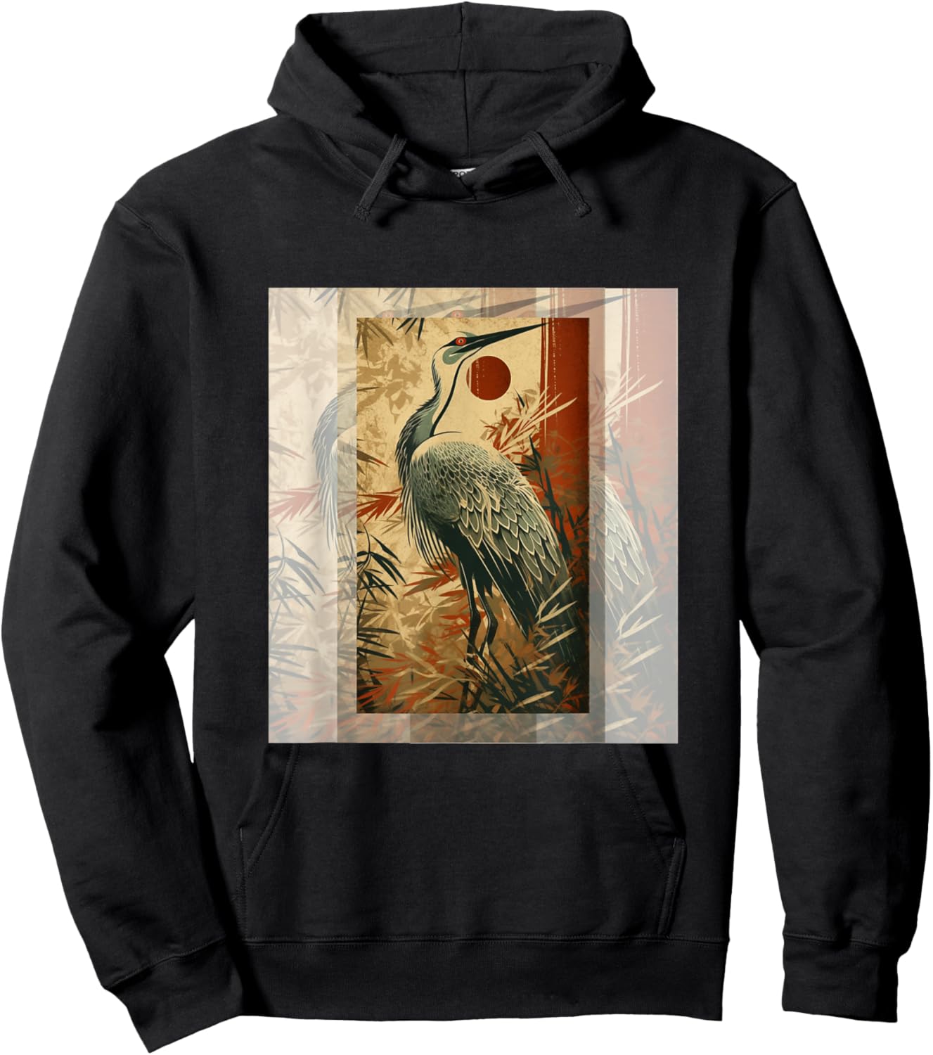 Vintage Japanese Fine Art Crane Bamboo and Iris Japan Hoodie - Hoodie | Black