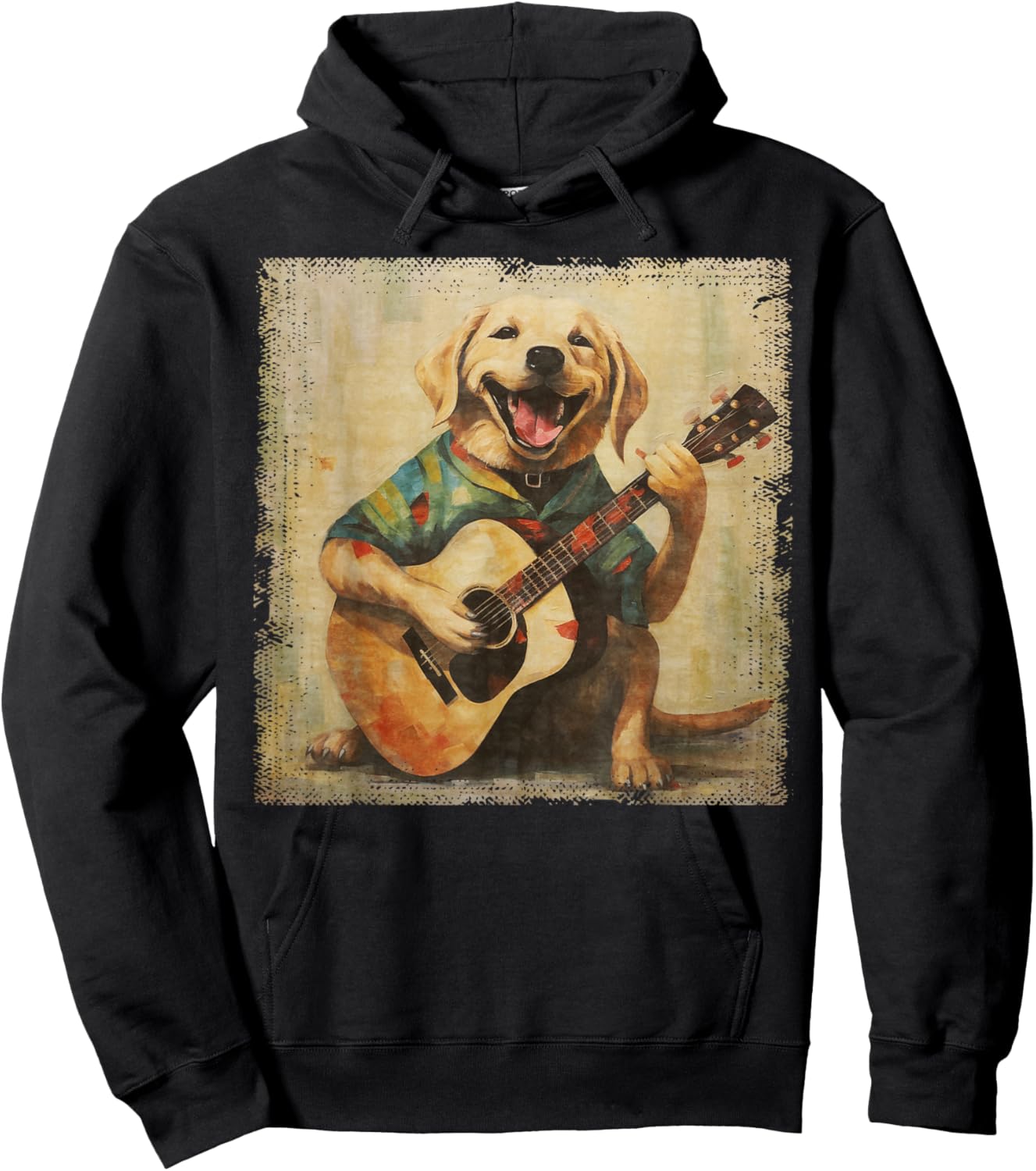 Colorful Oil Painting Of A Labrador Dog Lab Playing Guitar Men Women Girls Kids Hoodie - Hoodie | Black