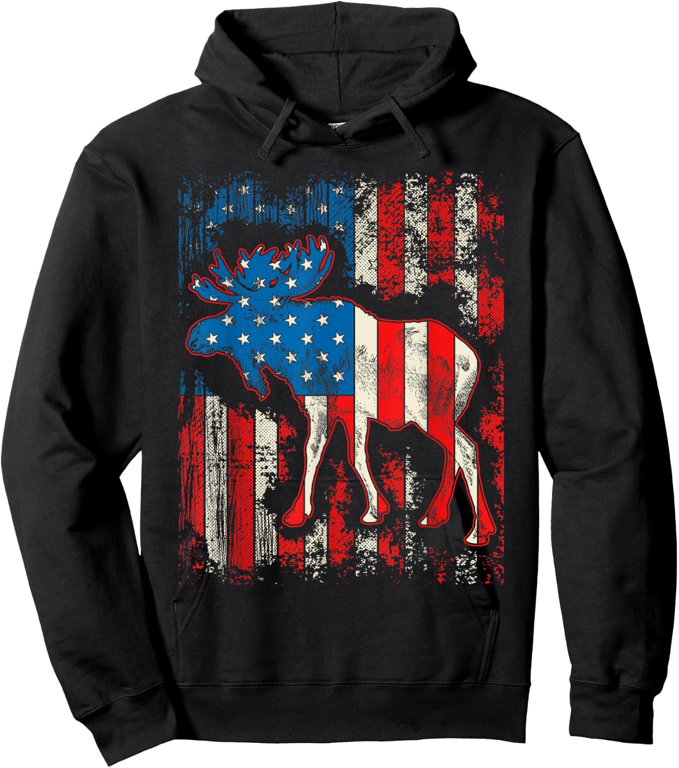 Moose USA American Flag 4th Of July Men Women Retro Vintage Hoodie - Hoodie | Black