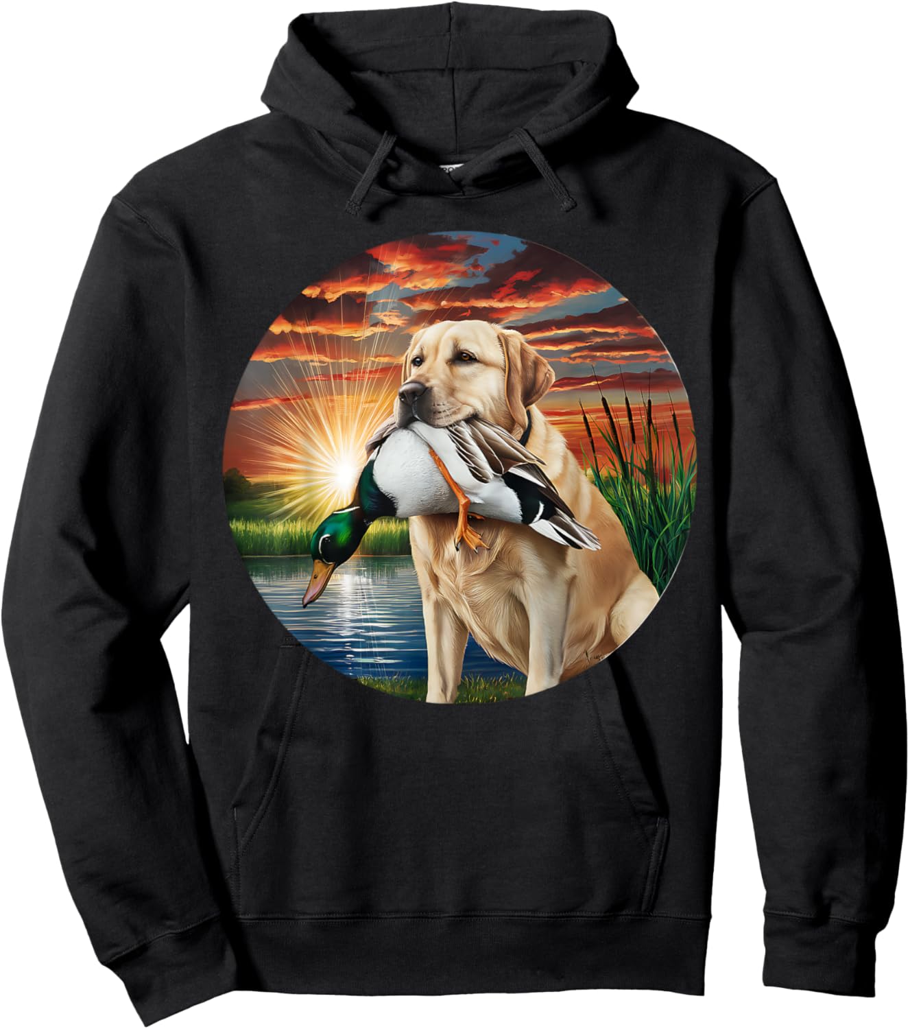 A Hunting Labrador Retriever dog with a duck in the sunset. Women Hoodie - Hoodie | Black
