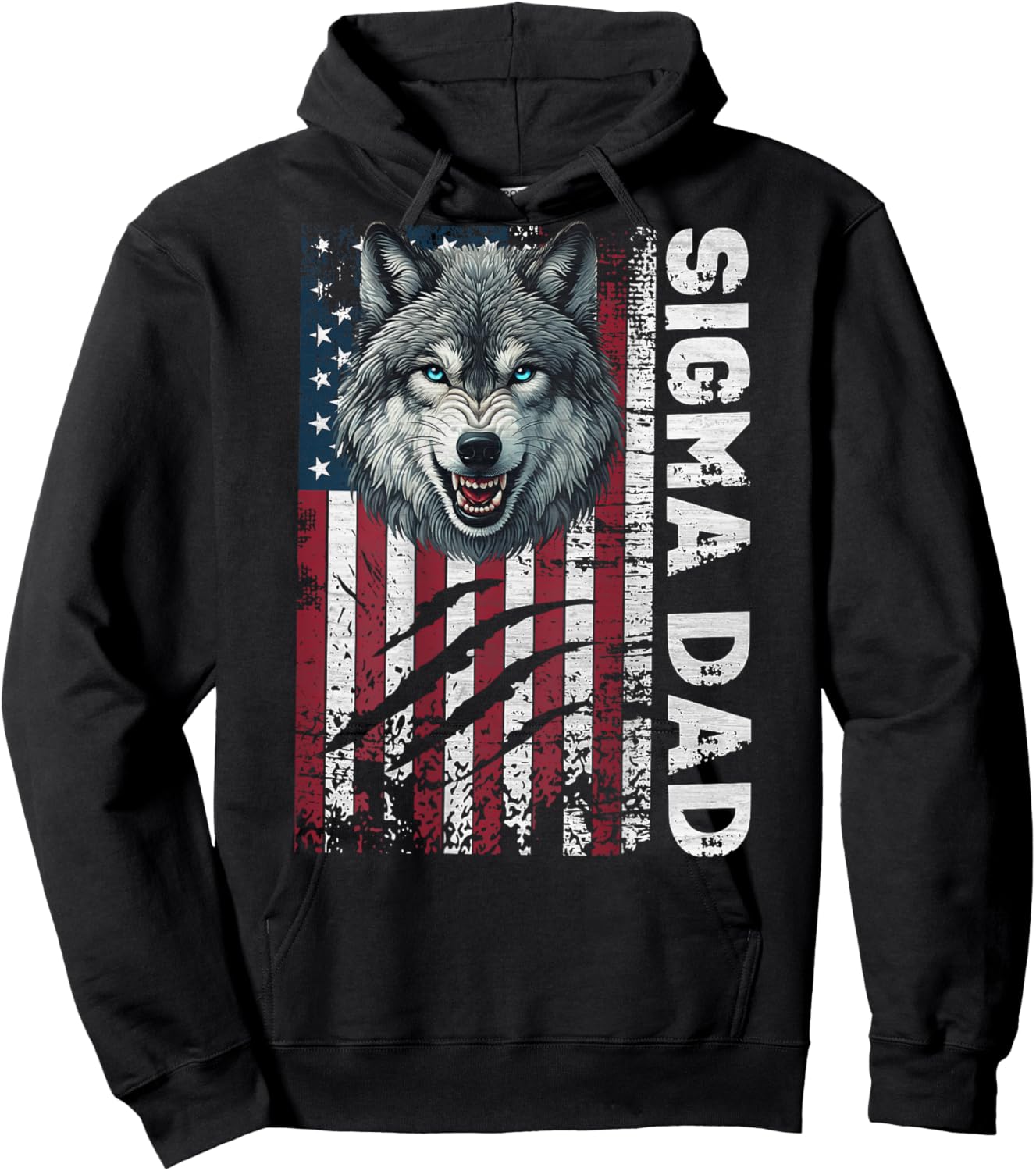 Sigma Dad Wolf Patriotic American Flag Sigma Male Meme Hoodie - Hoodie | Black