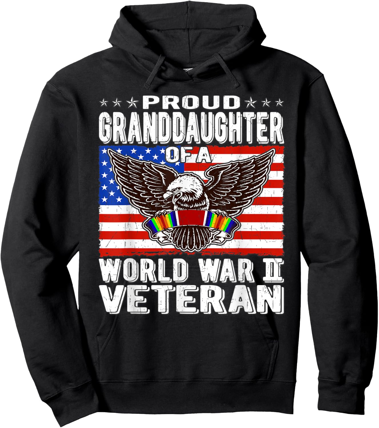 Proud Granddaughter Of A World War 2 Veteran WW2 Ribbon Gift Women Kids Men Hoodie - Hoodie | Black