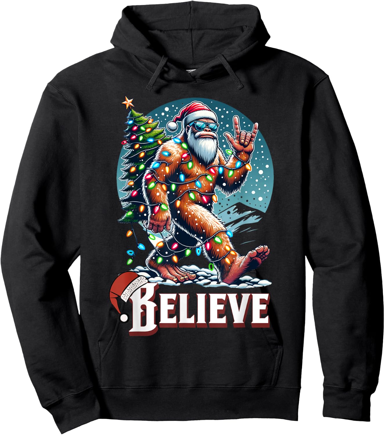 Santa Bigfoot Christmas Lights Funny Sasquatch Believe Xmas Hoodie - Hoodie | Black