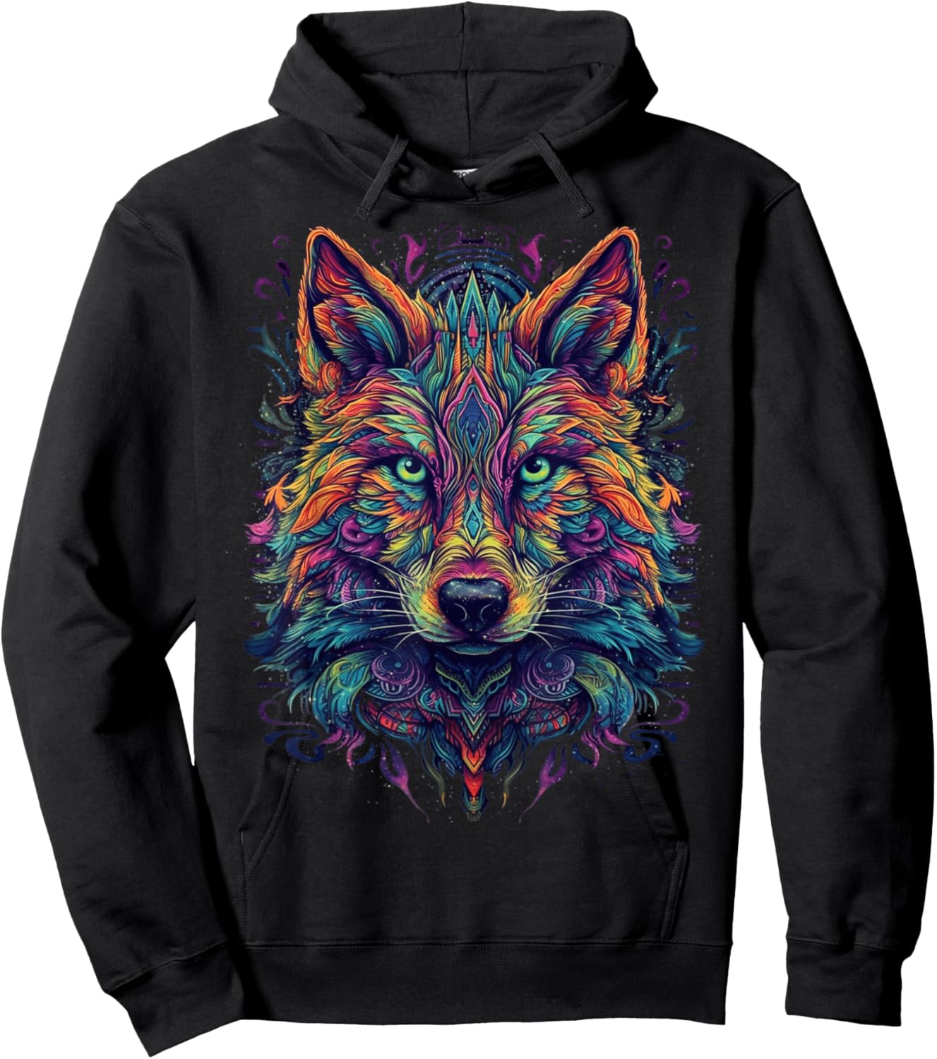 Colorful Wolf | Psychedelic Art Trippy Hippie Men Women Hoodie - Hoodie | Black