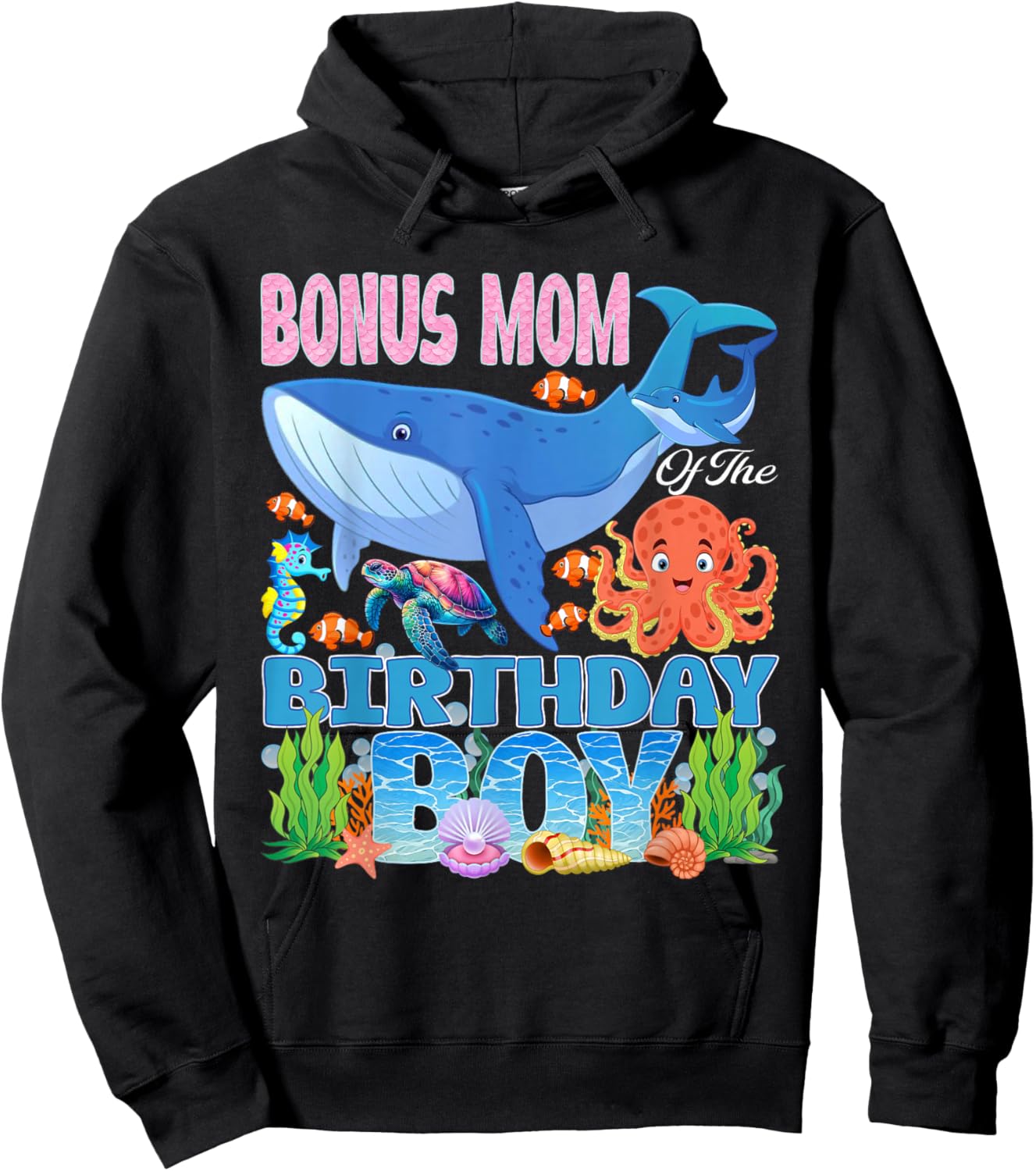 Bonus Mom of The Birthday Boy Aquarium Sea Animals Matching Hoodie - Hoodie | Black