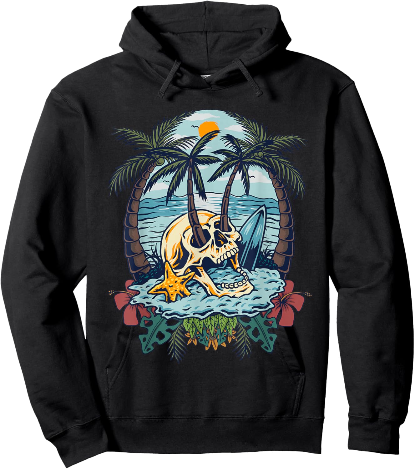 Vintage Palm Tree Skull Summer Beach Men Motorcycle Tattoo Hoodie - Hoodie | Black