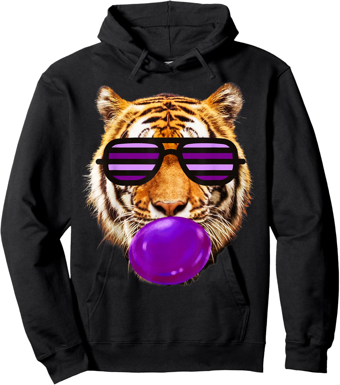 Purple bubble Gum tiger Stripe Cute Tiger with sunglasses Hoodie - Hoodie | Black