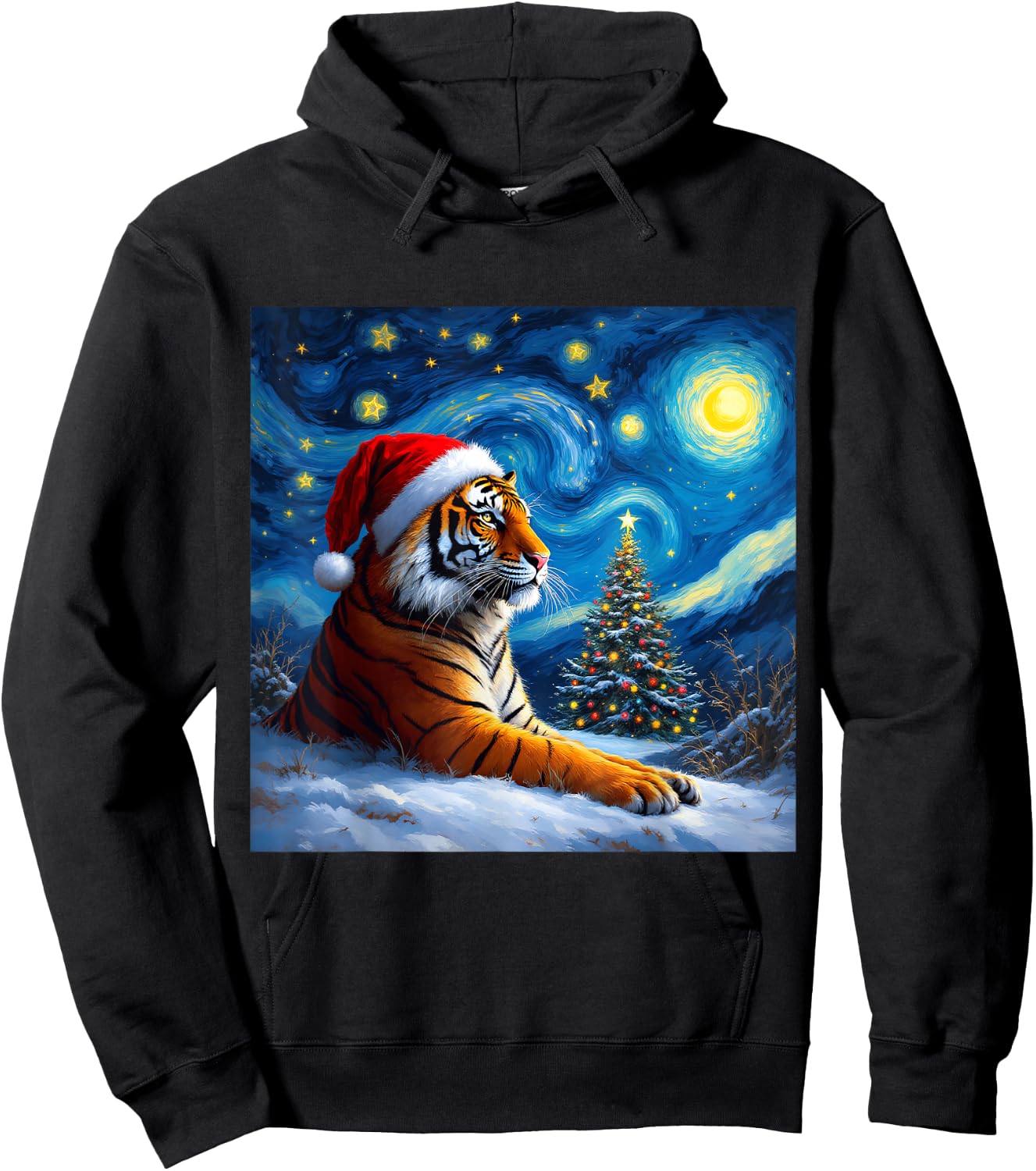 Christmas Tiger Santa Hat Van Gogh Starry Night Holiday Hoodie - Hoodie | Black