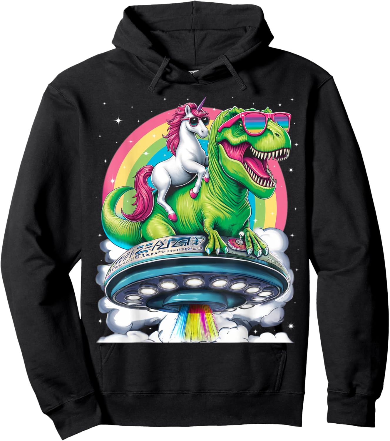 Unicorn Riding T Rex UFO Dinosaur Boy Girl Men Women Rainbow Hoodie - Hoodie | Black
