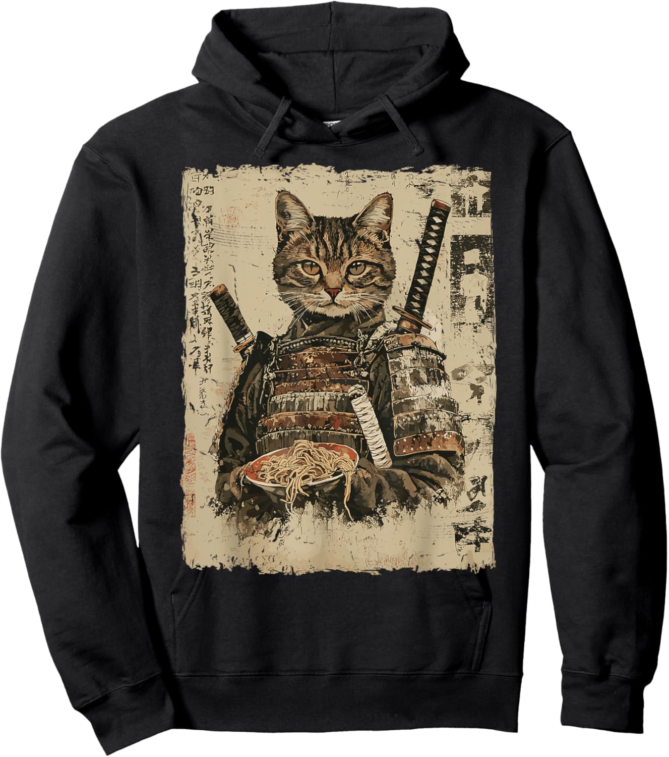 Samurai Cat Loves Ramen Funny Anime Japanese Artwork Samurai Hoodie - Hoodie | Black