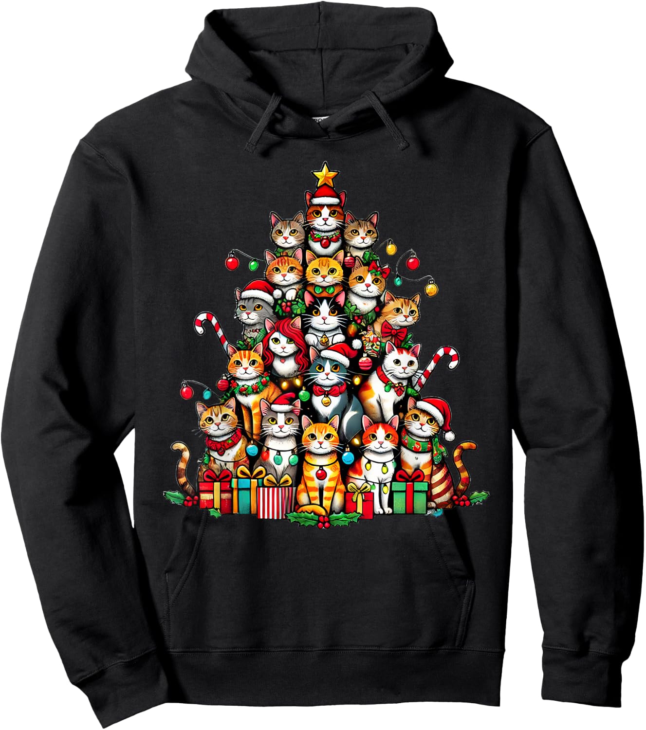 Cat Kitten Christmas Tree Funny Cat Xmas Hoodie - Hoodie | Black